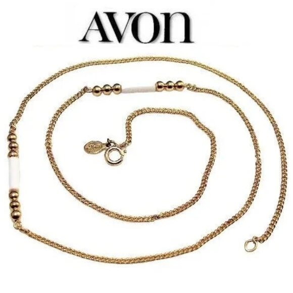 Avon White Tube Necklace Gold Tone Vintage 1980 Spectator Style Curb 24 Inch - Picture 3 of 4